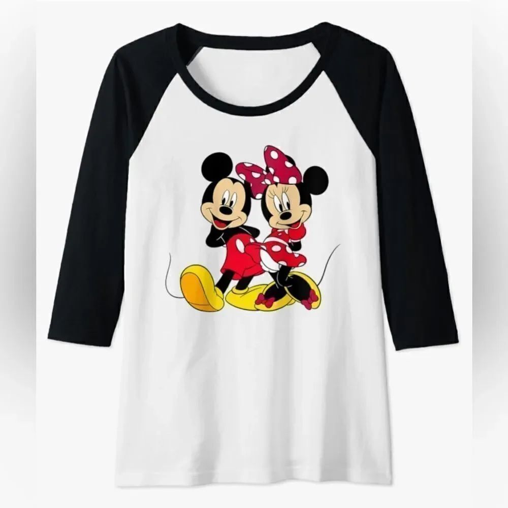 Disney Women’s Mickey & Minnie Mouse Black White Raglan Baseball Graphic Tee L